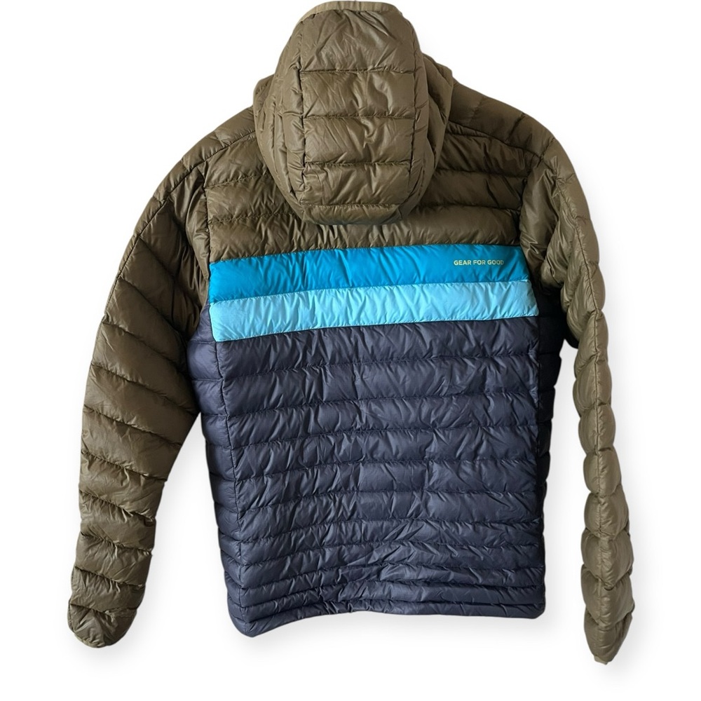 ‼️SOLD‼️ Cotopaxi Men's Fuego Hooded Puffer Jacket - Olive, Navy & Teal Stripes - Picture 4 of 11